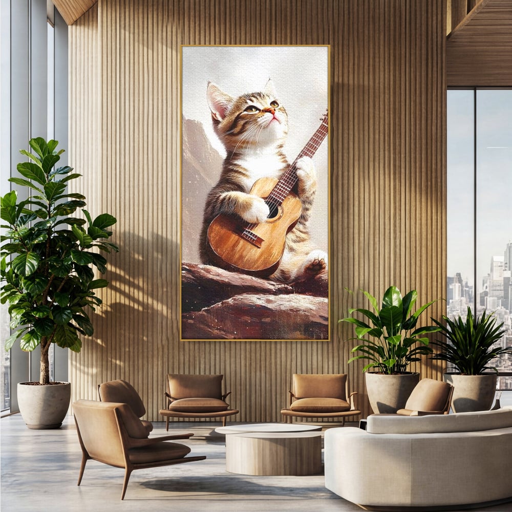 Tablou canvas cu tablou canvas cu pisica cantand la chitara, in rama de aluminiu auriu, pe perete intr-un birou